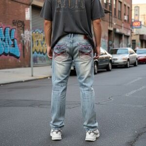 Demolition Jeans Mens 38 Light Wash Blue Straight Leg‎ Embroidered Pockets Denim